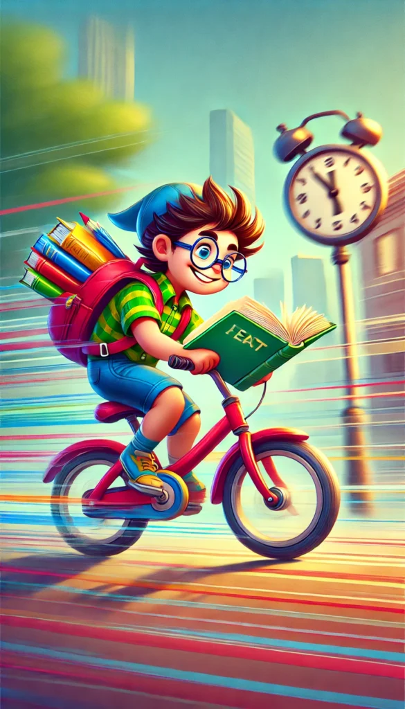DALL·E 2025-03-25 20.49.07 - A vibrant and playful illustration of a five-year-old school student riding a bike in a hurry while reading a book. The child appears determined but h