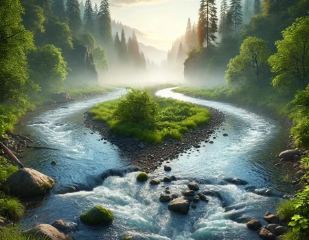 DALL·E 2025-02-11 13.33.16 - A beautiful river splitting into two streams, surrounded by lush greenery and rocks. The water flows gently, creating small ripples and reflections of